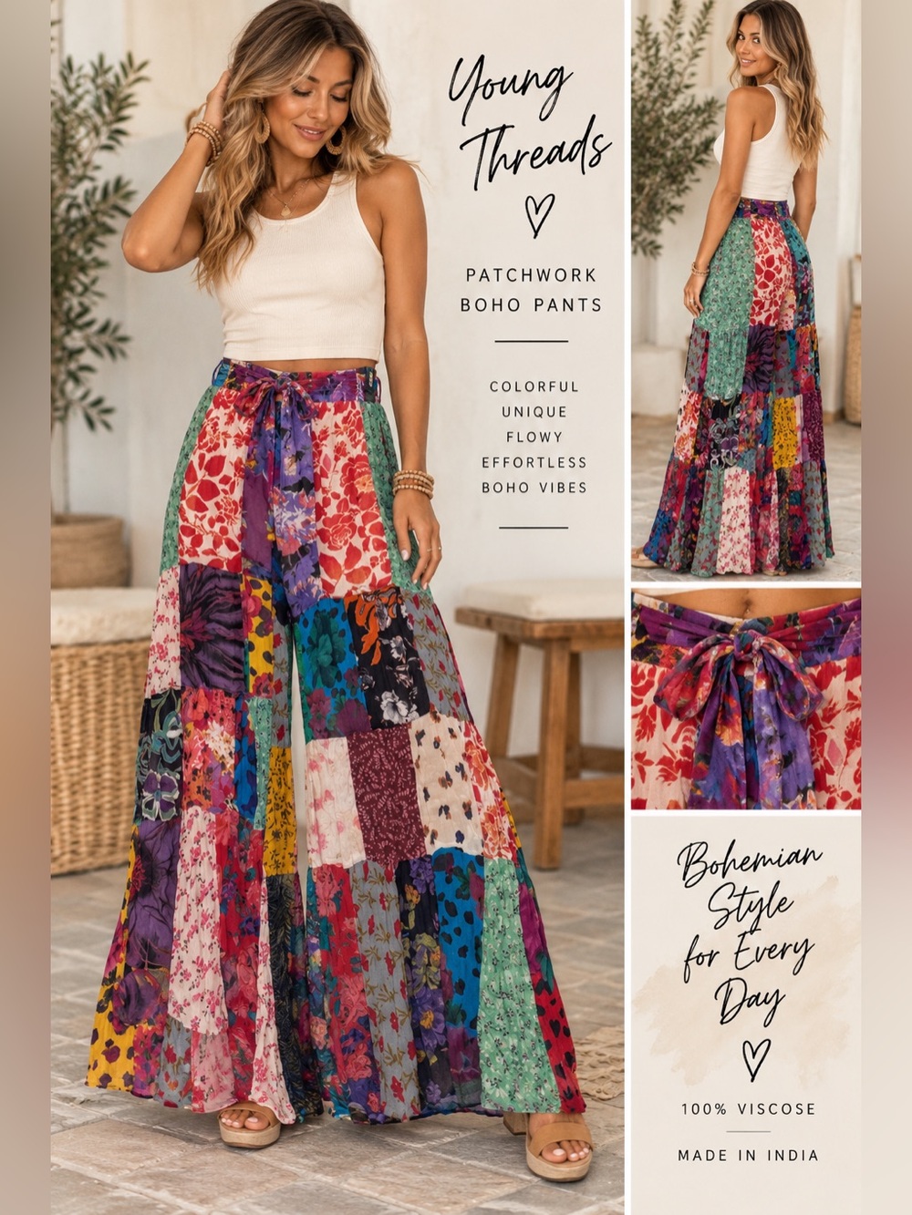 Young Threads Patchwork Boho Pants, Multi-color